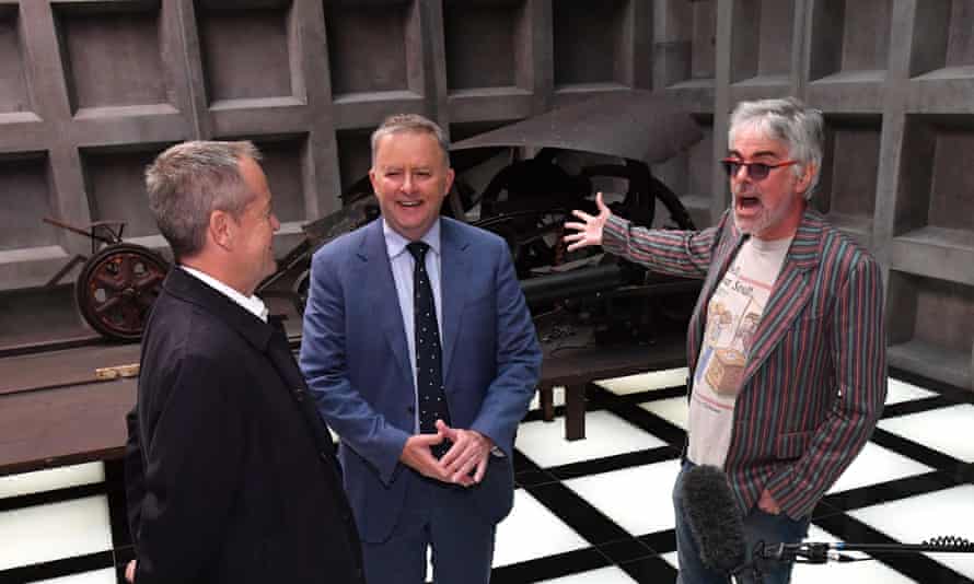 Mona founder David Walsh (right) with Anthony Albanese and Bill Shorten during the 2019 federal election campaign