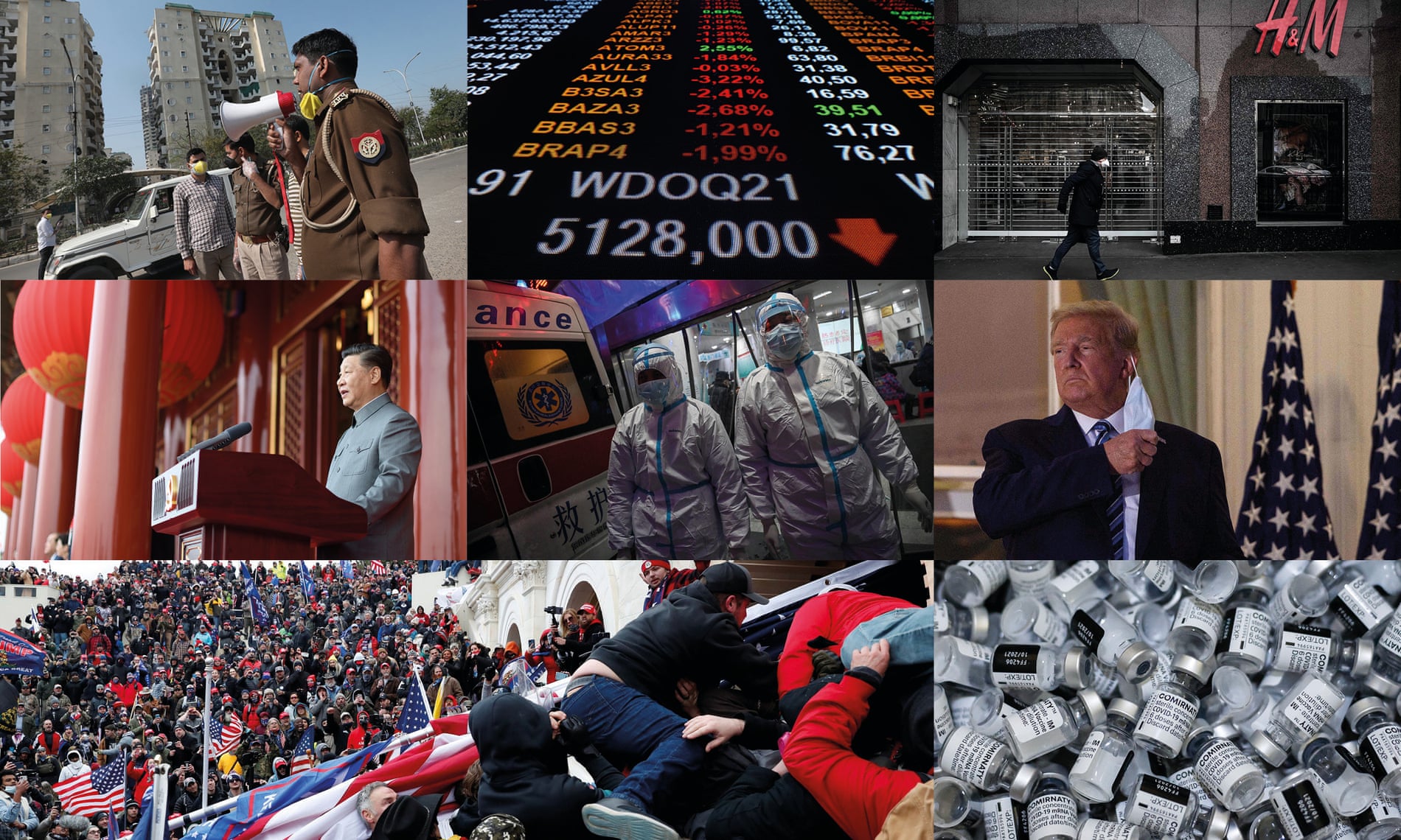 composite of 2020 crisis images: covid, trump, india, china, vaccines etc