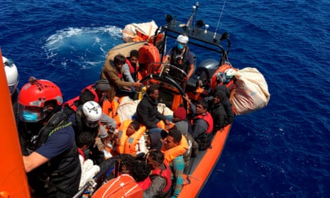 Migrants being rescued by a French NGO, SOS Mediterranée , on 25 June, 2020. 