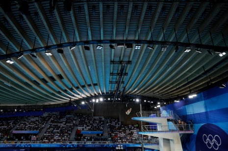 The Australian pair of Domonic Bedggood and Cassiel Rousseau during the Olympics diving 10m synchronised event at the Aquatics Centre.