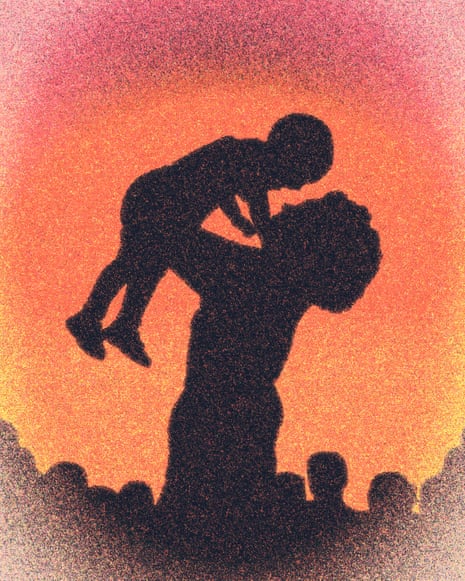 Illustration of a mother lifting her child against a glowing orange background