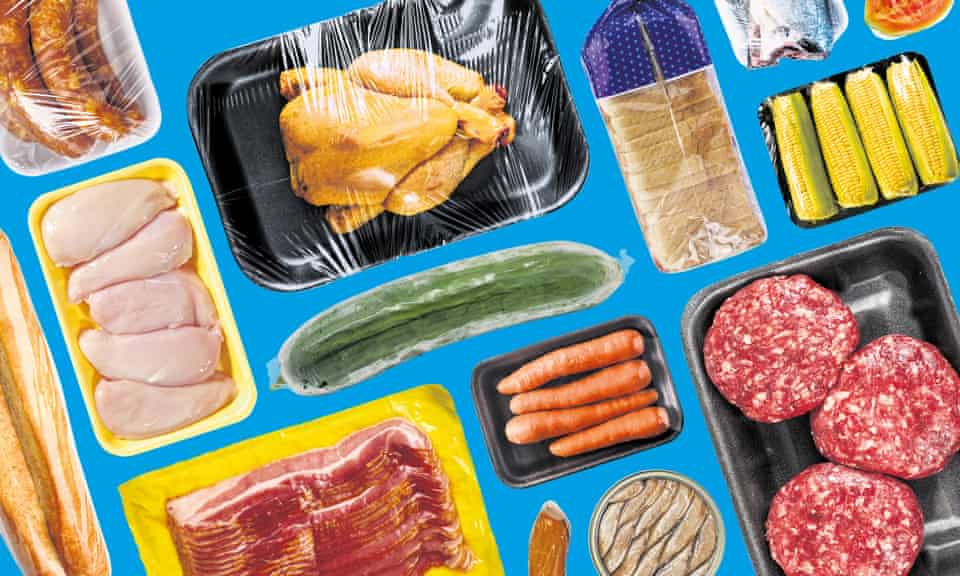 collage of foods in plastic wrapping and packaging