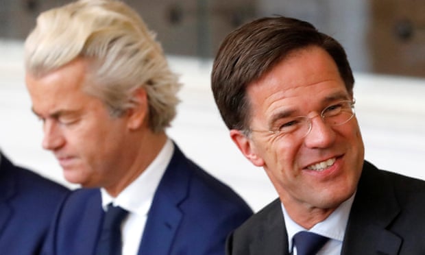 Dutch prime minister Mark Rutte, right, and far-right politician Geert Wilders at a meeting in parliament after the general election.