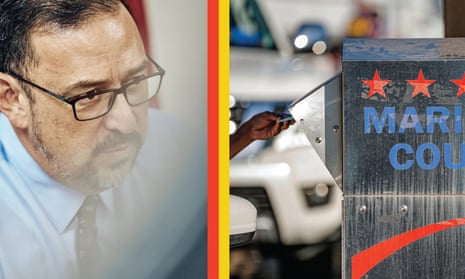 Composite of two images divided by two graphic lines, one red, one yellow. On the left is a Latino man with trim goatee, classes, collared shirt and tie, looking serious, and on the right, a brown hand and arm open what appears to be a ballot box with red starts and the beginning letters of "Maricopa county" in blue.