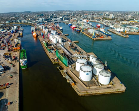 An aerial view of Aberdeen port and harbour, the base for North Sea oil offshore support services.