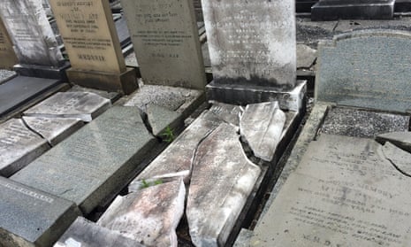 Smashed gravestones at a Jewish cemetery in Charlestown, Manchester