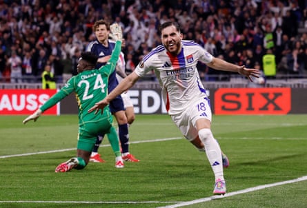 Rayan Cherki scoring for Lyon against Manchester United.