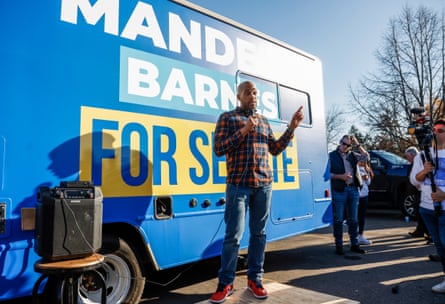Mandela Barnes, Wisconsin Democratic candidate for Senate, addresses supporters at an early vote event at Havana Coffee in Janesville, Wisconsin, on Wednesday.