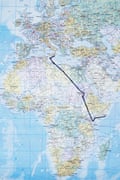 Migrants rescued by Red Cross durring crossing between Libya and Italy. Mineo, Sicily. ITALY Map of the route from Africa to Italy of Kasim 25 years old from Somalia.