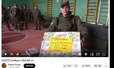 A screengrab of footage showing an ‘LPR’ soldier in the sports hall of school number six in Izium in May 2022. Markings on the package show he is from the 5th battalion.