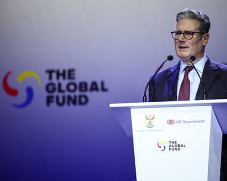 Keir Starmer speaking from a podium. The Global Fund logo is displayed down him