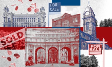 Composite image of buildings that have been sold off, for sale signs, and falling coins