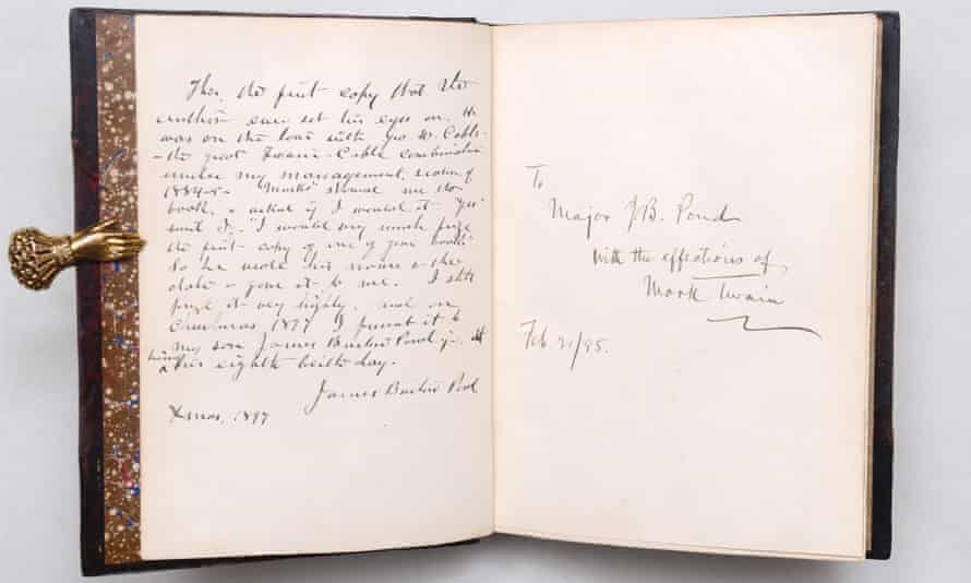 A first American edition, first printing presentation copy of The Adventures of Huckleberry Finn by Mark Twain (1885) inscribed by the author to his tour manager (£150,000).