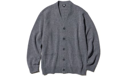 A grey knitted cardigan on a white background