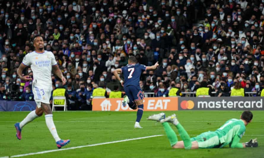 Kylian Mbappe of Paris Saint-Germain celebrates their sides first goal.
