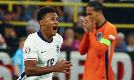 Ollie Watkins celebrates scoring his late winner against the Netherlands
