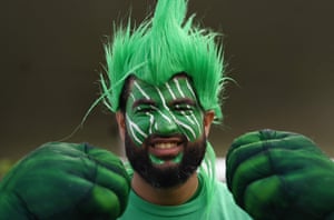 A Pakistan supporter gets int he mood for the women’s T20 match against India at Edgbaston.