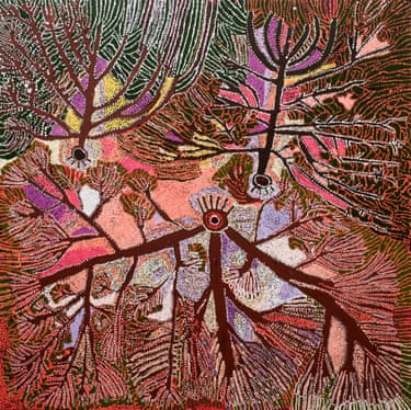 An Indigenous painting of three trees with branches growing out with colourful dots and leaves and background