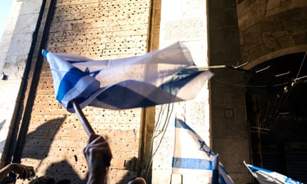 Israeli flags at the Damascus Gate into the Muslim Quarter of Jerusalem’s Old City on the 50th anniversary of its capture by Israeli paratroopers in 1967