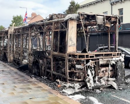 Burntout shell of a city bus