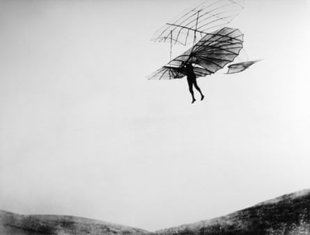Photograph of one of the last flights of  Otto Lilienthal with his small wing flapping glider.