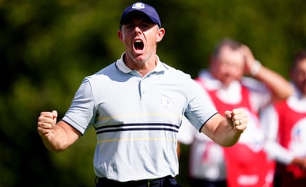 Rory McIlroy shows his emotion during the foursomes win against Collin Morikawa and Harris English.