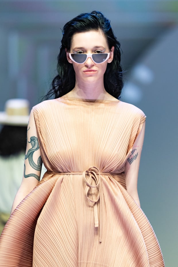 A model wears Issey Miyake from Melbourne boutique Shifting Worlds during Melbourne fashion week in 2019.