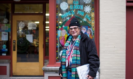 Mark Rodriguez at the office of homeless advocacy newspaper, Street Roots, which he sells in Portland.