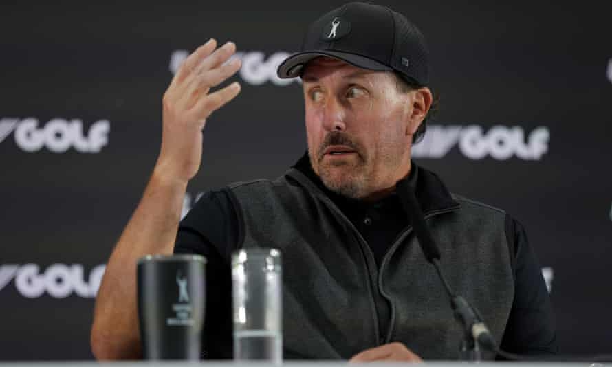 Phil Mickelson talks to the press the day before the first LIV Golf Invitational tournament at the Centurion Club in Hertfordshire