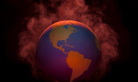 Globe with steam rising from it. North and South America in view.