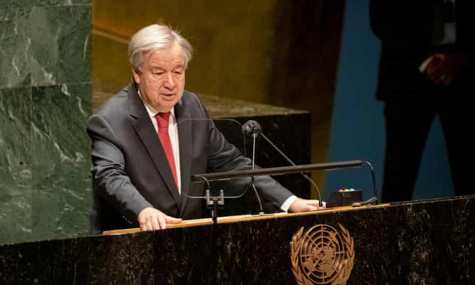 Antonio Guterres speaking at the UN headquarters in New York.