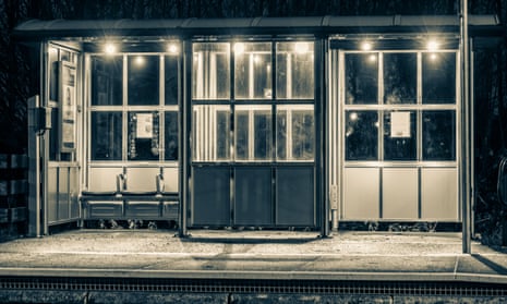 Shelter on Seaton Carew train station platform at night. 