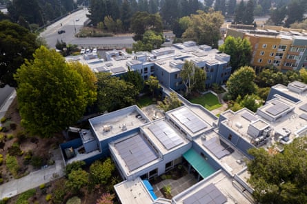 An overhead view of the St Mary’s Gardens apartments, featuring solar panels on the rooftop.