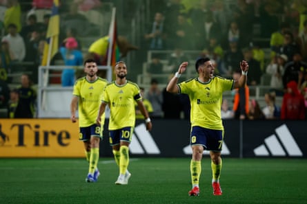 Nashville SC forward Cristian Espinoza (7) reacts to the crowd after scoring a goal during a match between Nashville SC and Minnesota United, March 7, 2026, at GEODIS Park in Nashville, Tennessee.