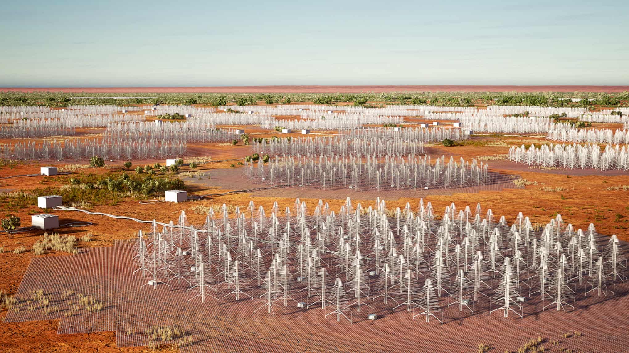 Una impresión artística de SKA-Low en el campo de Wajarri, en Australia Occidental. Sus antenas en forma de árbol cartografiarán el cielo 135 veces más rápido que los telescopios actuales. Ilustración: Departamento de Industria, Ciencia y Recursos