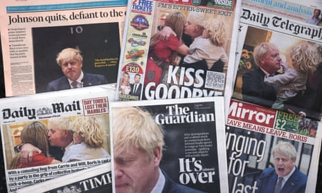 A photo illustration of British newspaper front pages following Thursday’s resignation speech by Boris Johnson.