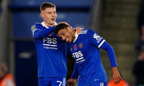 Leicester v Newport, Bournemouth v Everton and more: Carabao Cup clockwatch – live | Carabao Cup 6 Leicester City's James Justin (right) celebrates with Harvey Barnes after scoring their side's first goal of the game.