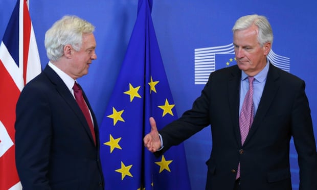 Michel Barnier, the EU chief negotiator, meets the UK’s Brexit secretary, David Davis, ahead of the start of Brexit negotiations in Brussels on Monday.