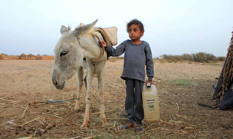 Malnourished Yemeni boy with donkey near family's hut