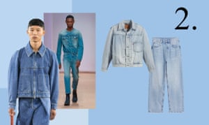 Double denimThe Canadian tuxedo is officially cool this season. There were plenty of variations on the runway for inspiration. At Prada the look came streamlined with a tucked in jacket, while things went Western at Casablanca and Matthew M Williams at Givenchy opted for a denim gilet with ripped jeans. From left: Bianca Saunders SS23; Prada SS23; Jacket, £120, levi.com; Jeans, £89, arket. com.
