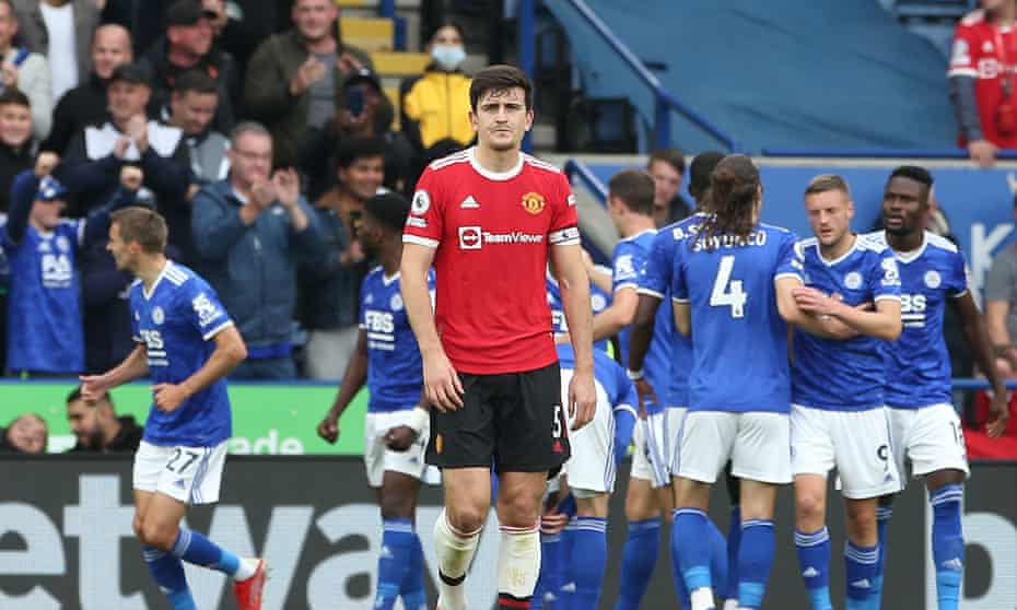 Manchester United’s Harry Maguire, who was a surprise selection by Ole Gunnar Solskjær, looks dejected after Leicester equalise through Youri Tielemans. 