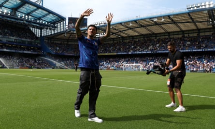 Jadon Sancho acknowledges the Chelsea fans before the game against Crystal Palace.