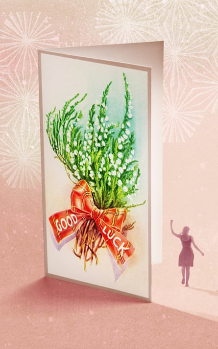 An illustration of a giant ‘good luck’ card with a tiny woman walking away waving