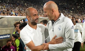 Guardiola and Zidane before a friendly between Real Madrid and Manchester City in 2017.