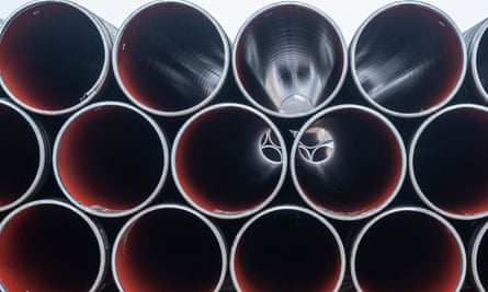 File photo of sections of the Baltic Pipe gas pipeline stacked in Denmark.