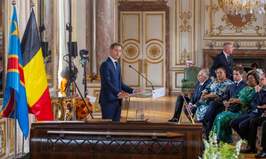 The Belgian prime minister, Alexander de Croo, speaks at the official ceremony for the return of Patrice Lumumba's remains, in the Egmont Palace on Monday