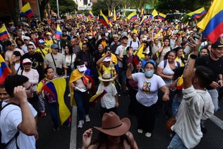 People wave Colombian flags during the March for Sovereignty and Democracy against Donald Trump’s threats to Gustavo Petro.