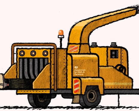 Illustration by David Foldvari of a Department for Work and Pensions wood chipper.
