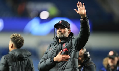 Jürgen Klopp salutes the away supporters after Liverpool put seven past Rangers at Ibrox.