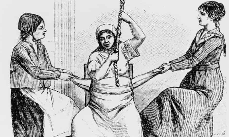 a Californian woman, circa 1840, being helped to give birth on a birth chair by two midwives, each pulling on a cloth wrapped around her belly.